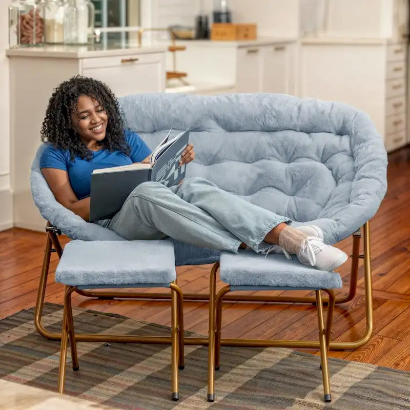 Chaise soucoupe double pliable en fourrure synthétique avec 2 poufs