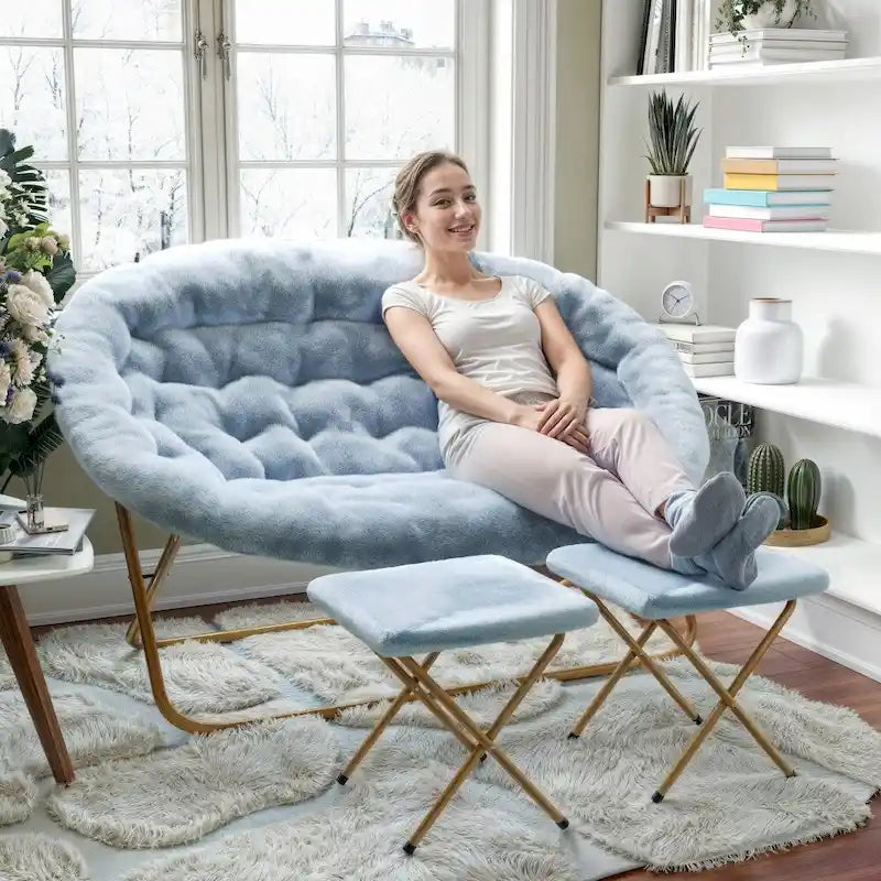 Chaise soucoupe double pliable en fourrure synthétique avec 2 poufs
