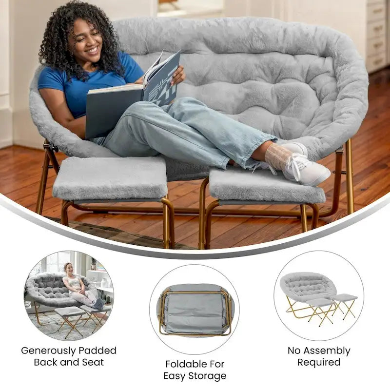Chaise soucoupe double pliable en fourrure synthétique avec 2 poufs