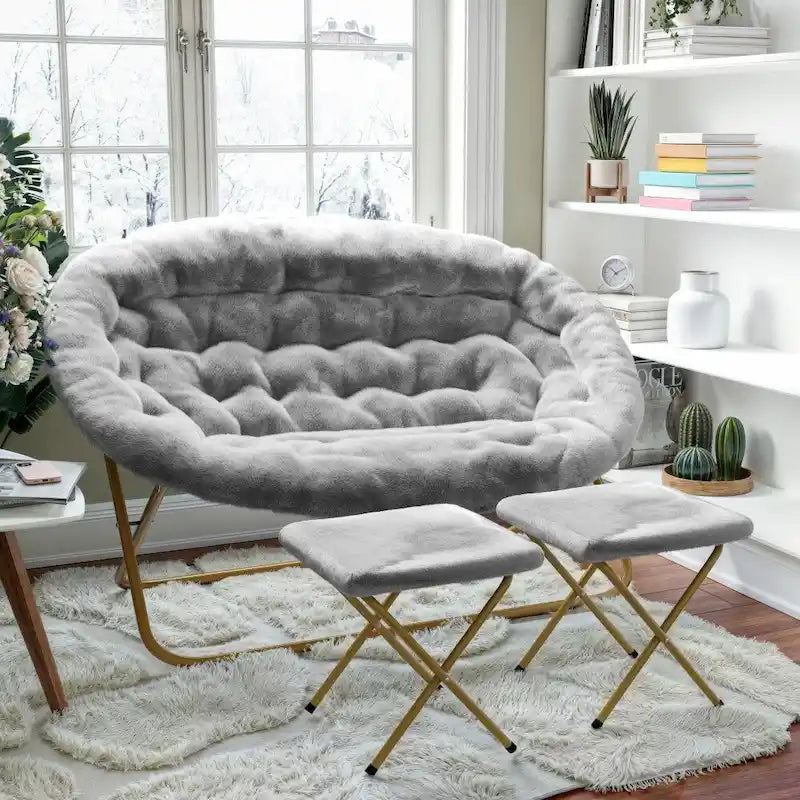 Chaise soucoupe double pliable en fourrure synthétique avec 2 poufs