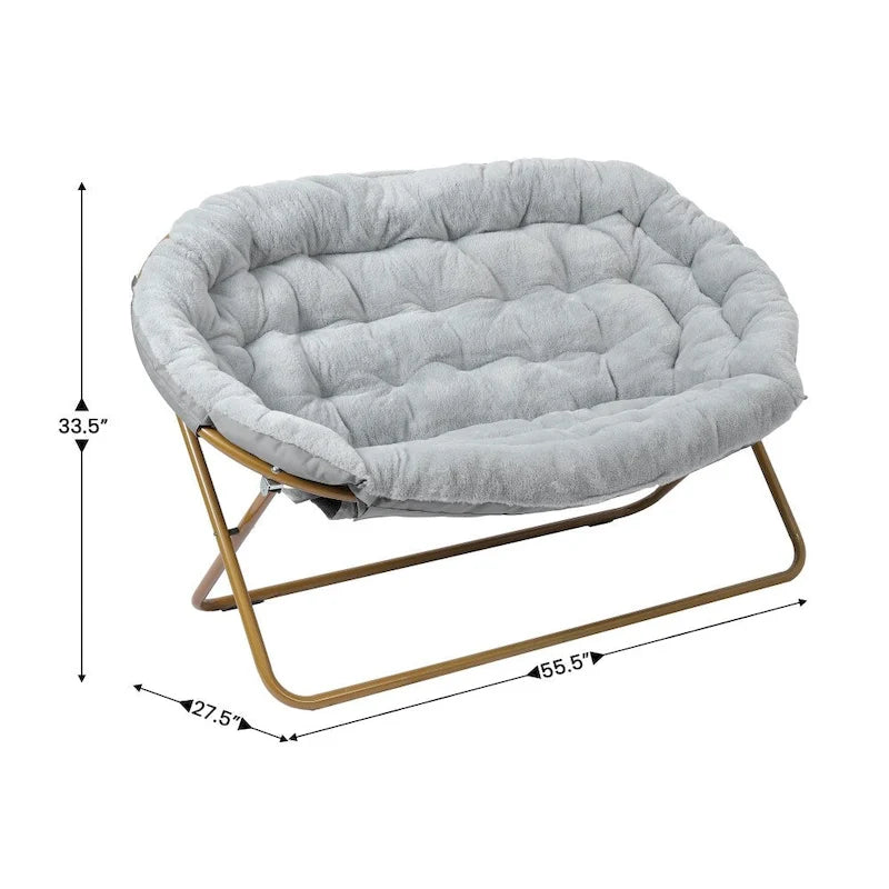 Chaise soucoupe double pliable en fourrure synthétique avec 2 poufs