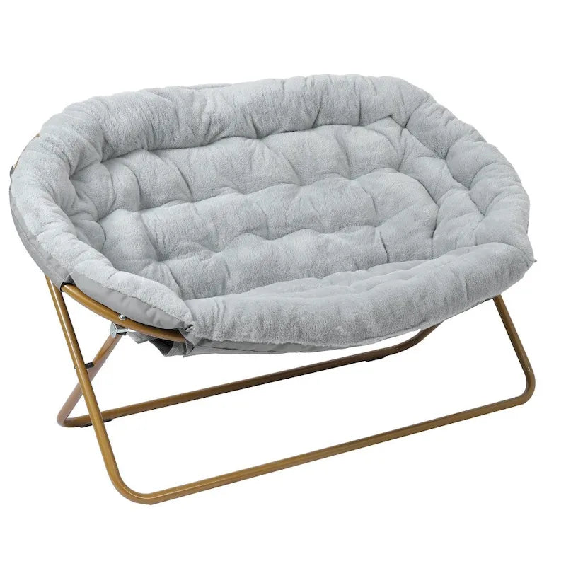 Chaise soucoupe double pliable en fourrure synthétique avec 2 poufs