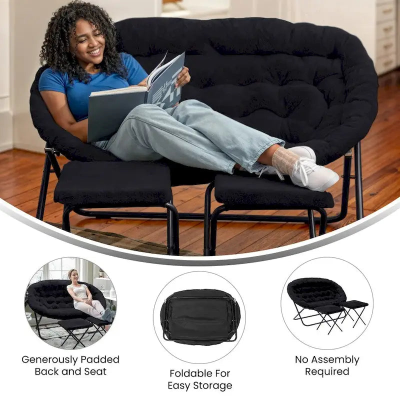 Chaise soucoupe double pliable en fourrure synthétique avec 2 poufs