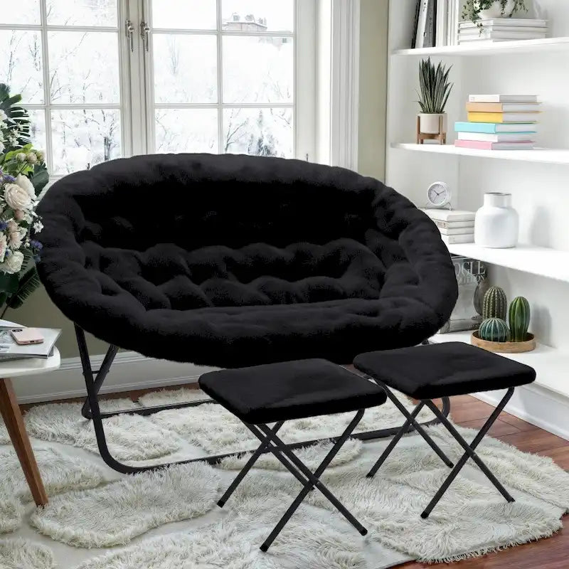 Chaise soucoupe double pliable en fourrure synthétique avec 2 poufs