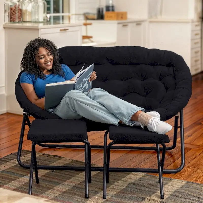 Chaise soucoupe double pliable en fourrure synthétique avec 2 poufs