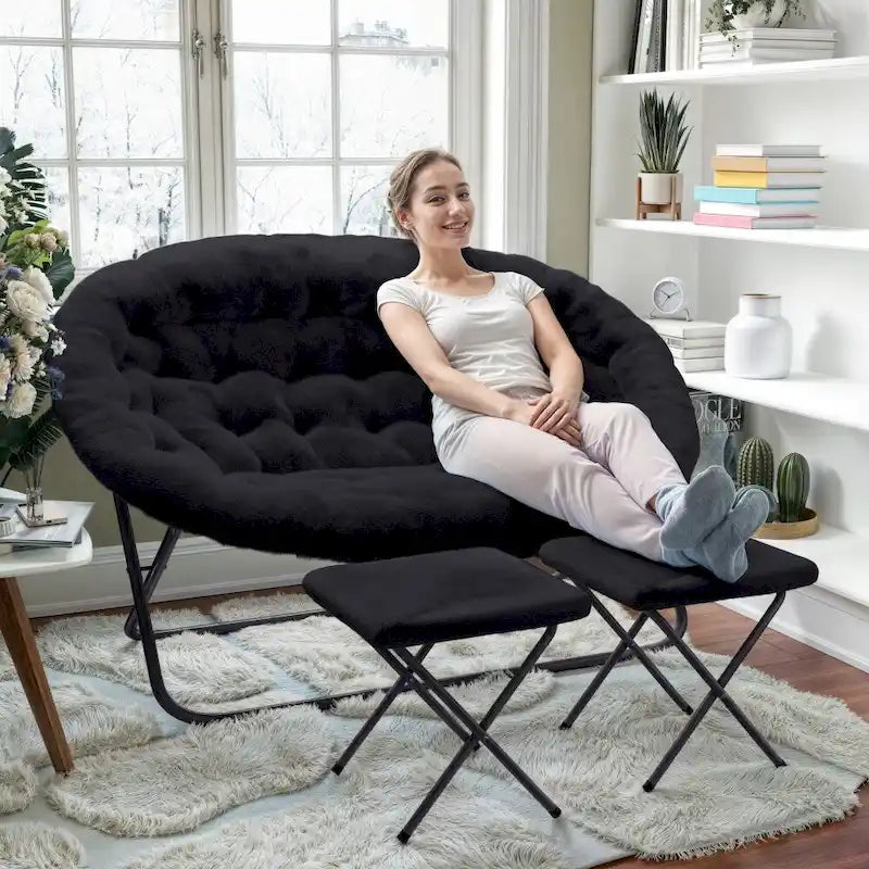 Chaise soucoupe double pliable en fourrure synthétique avec 2 poufs