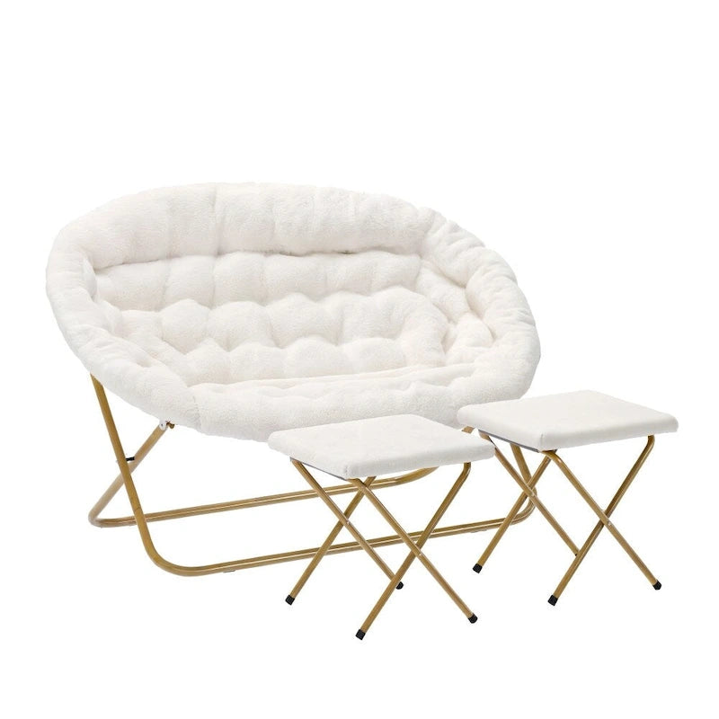 Chaise soucoupe double pliable en fourrure synthétique avec 2 poufs