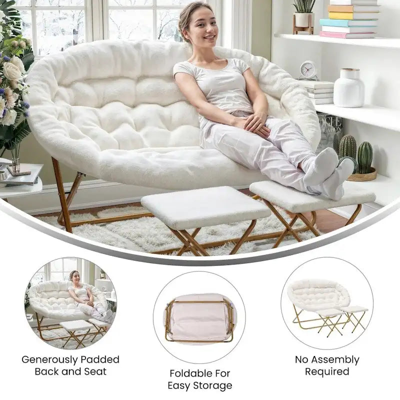 Chaise soucoupe double pliable en fourrure synthétique avec 2 poufs