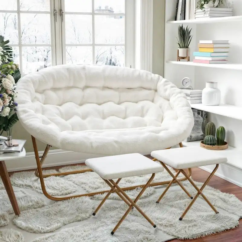 Chaise soucoupe double pliable en fourrure synthétique avec 2 poufs