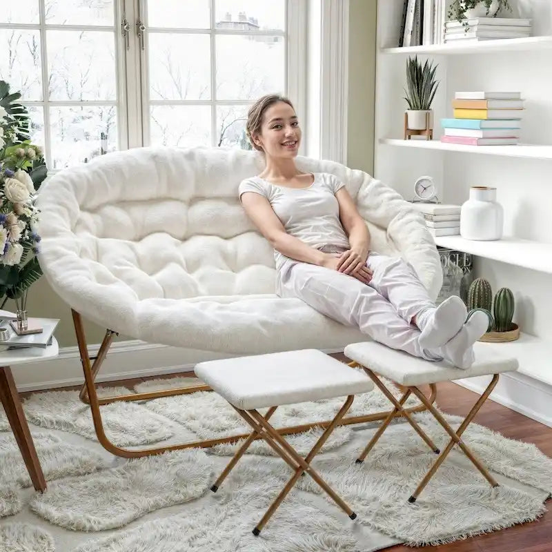 Chaise soucoupe double pliable en fourrure synthétique avec 2 poufs