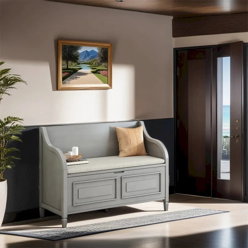 Banc de rangement multifonctionnel en bois massif pour entrée avec charnière de sécurité