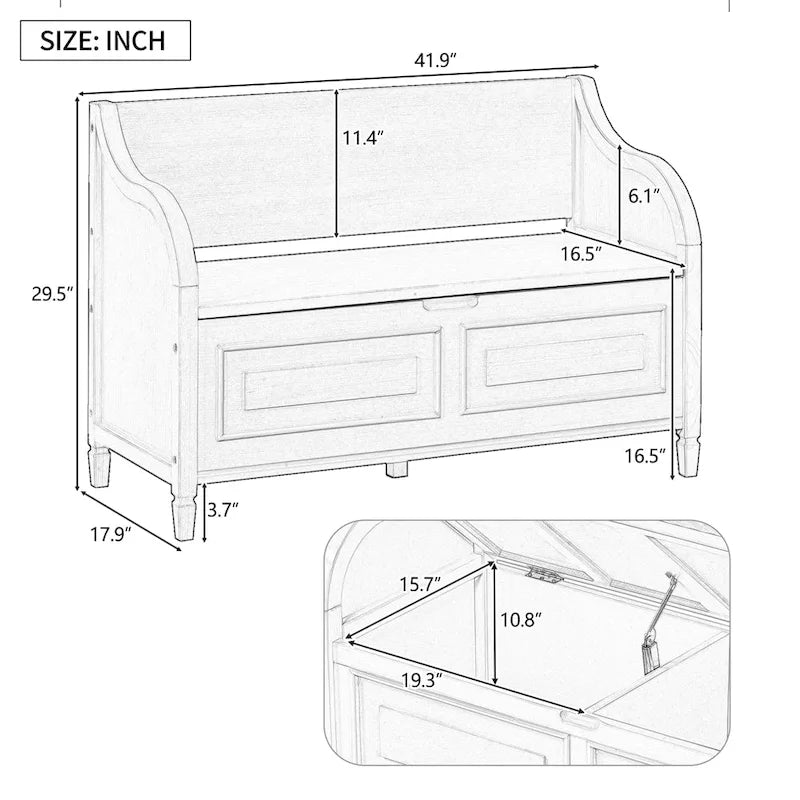 Banc de rangement multifonctionnel en bois massif pour entrée avec charnière de sécurité