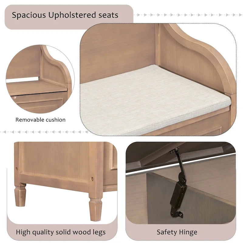 Banc de rangement multifonctionnel en bois massif pour entrée avec charnière de sécurité