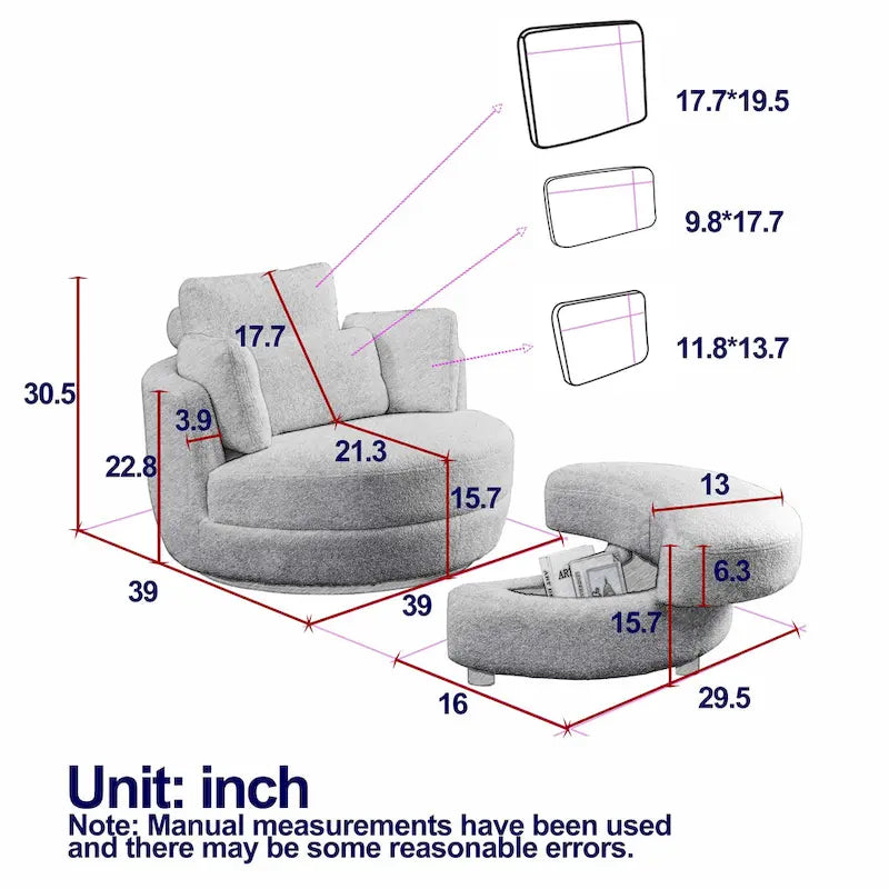 Canapé Loveseat Rond Moderne Pivotant, Fauteuil Tonneau Circulaire pour Chambre, Canapé Cuddle, Chaise Longue, Fauteuil, 4 Coussins
