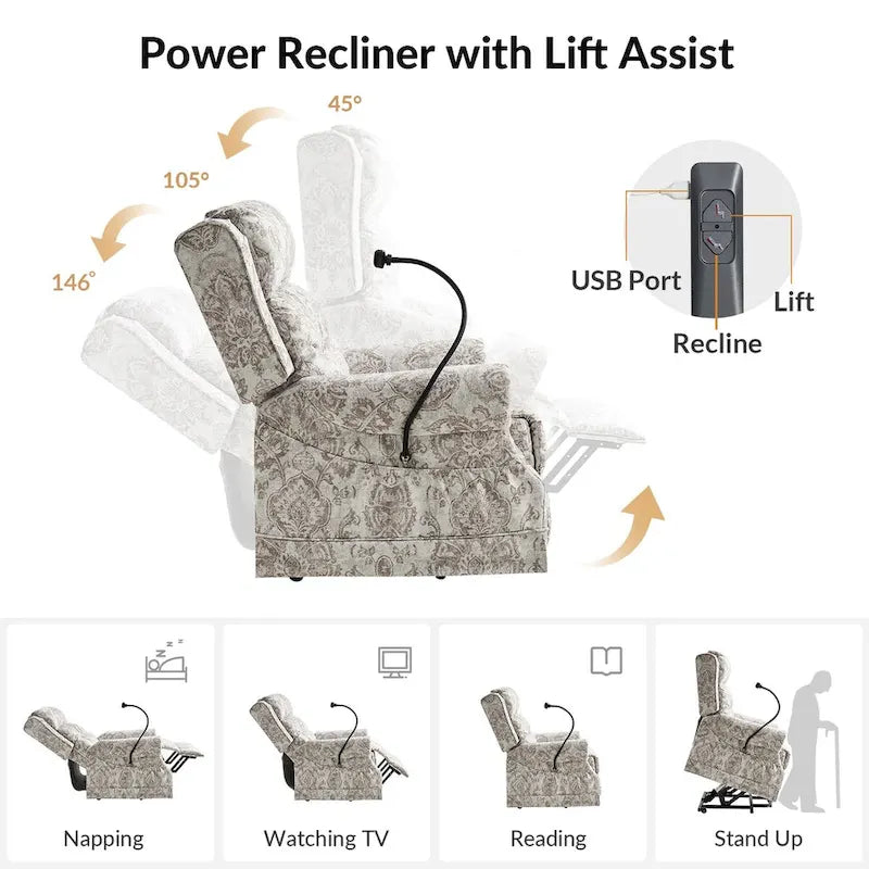 Fauteuil inclinable électrique traditionnel avec aide au levage, massage, chauffage et appui-tête manuel