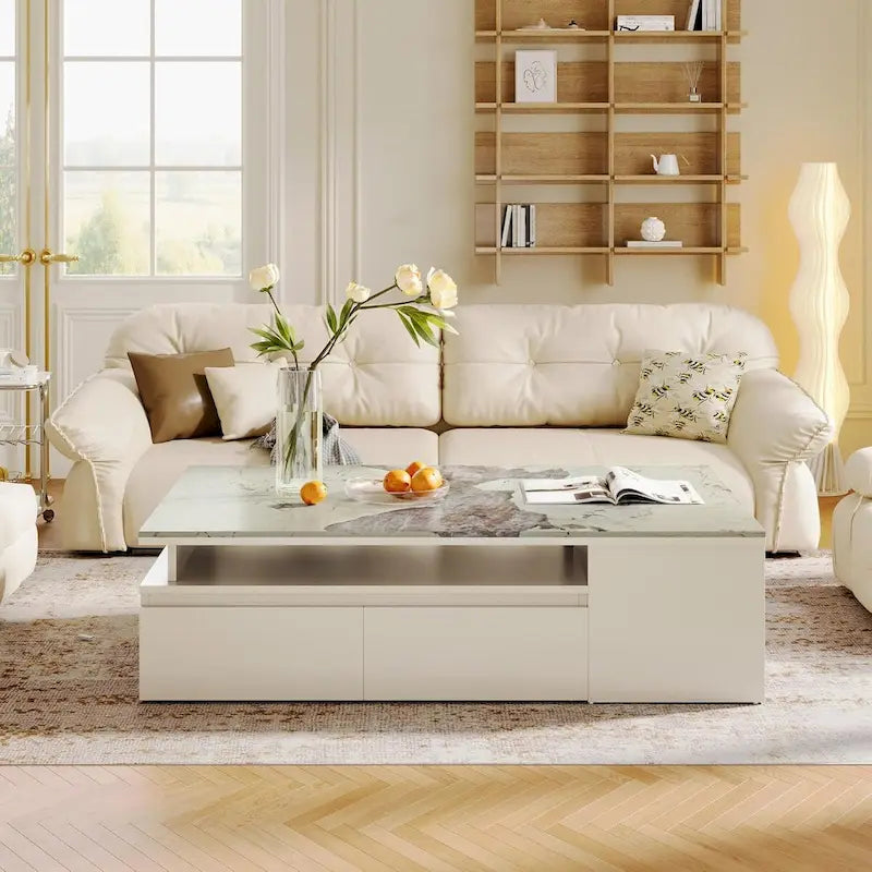Table basse moderne avec plateau extensible et tiroirs étagères pour salon