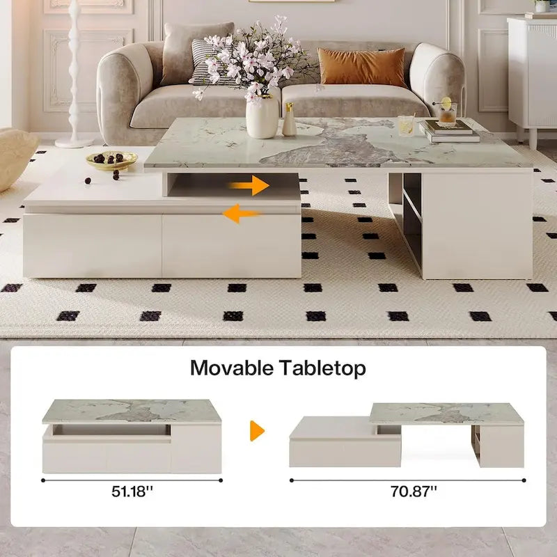 Table basse moderne avec plateau extensible et tiroirs étagères pour salon