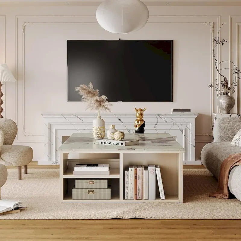 Table basse moderne avec plateau extensible et tiroirs étagères pour salon