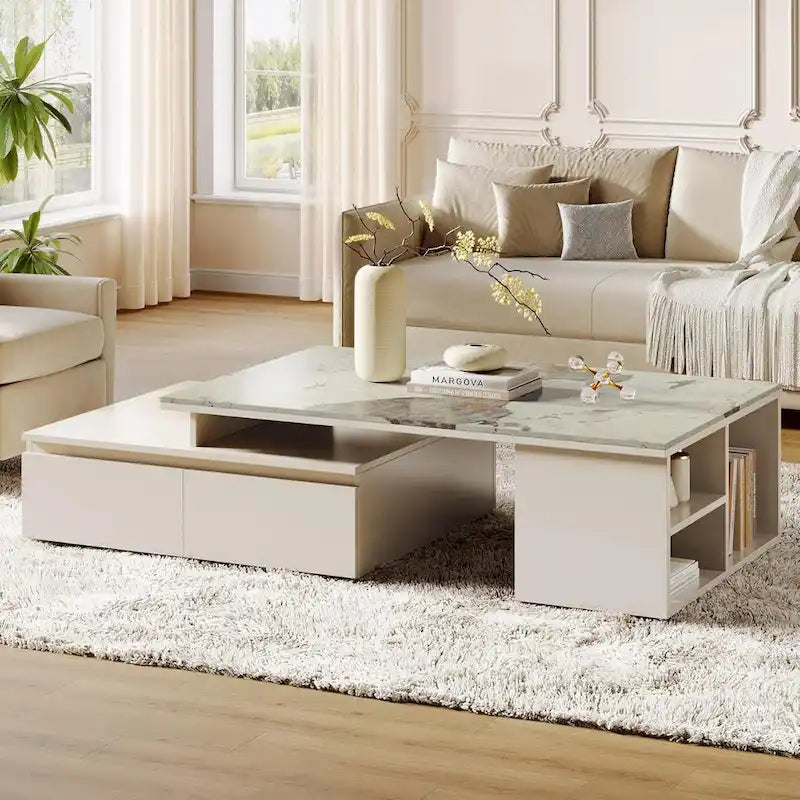 Table basse moderne avec plateau extensible et tiroirs étagères pour salon