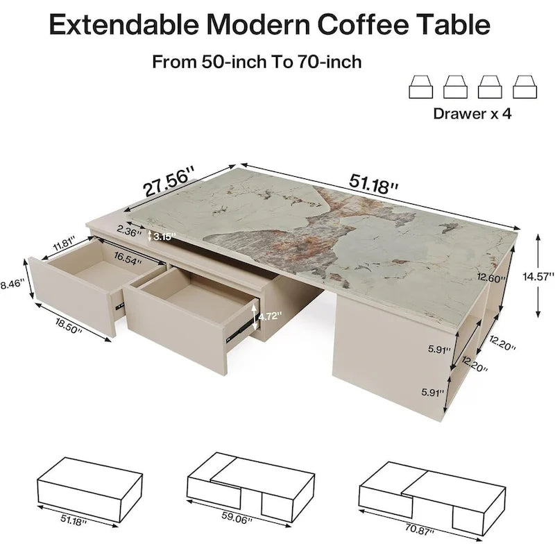 Table basse moderne avec plateau extensible et tiroirs étagères pour salon