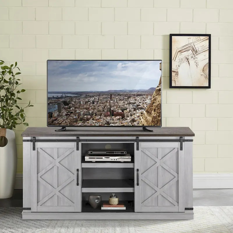Meuble TV de 58 po de style rustique avec portes coulissantes – Convient aux téléviseurs jusqu'à 65 po – 58 po de largeur