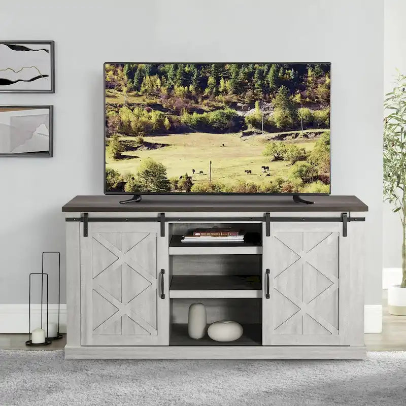 Meuble TV de 58 po de style rustique avec portes coulissantes – Convient aux téléviseurs jusqu'à 65 po – 58 po de largeur