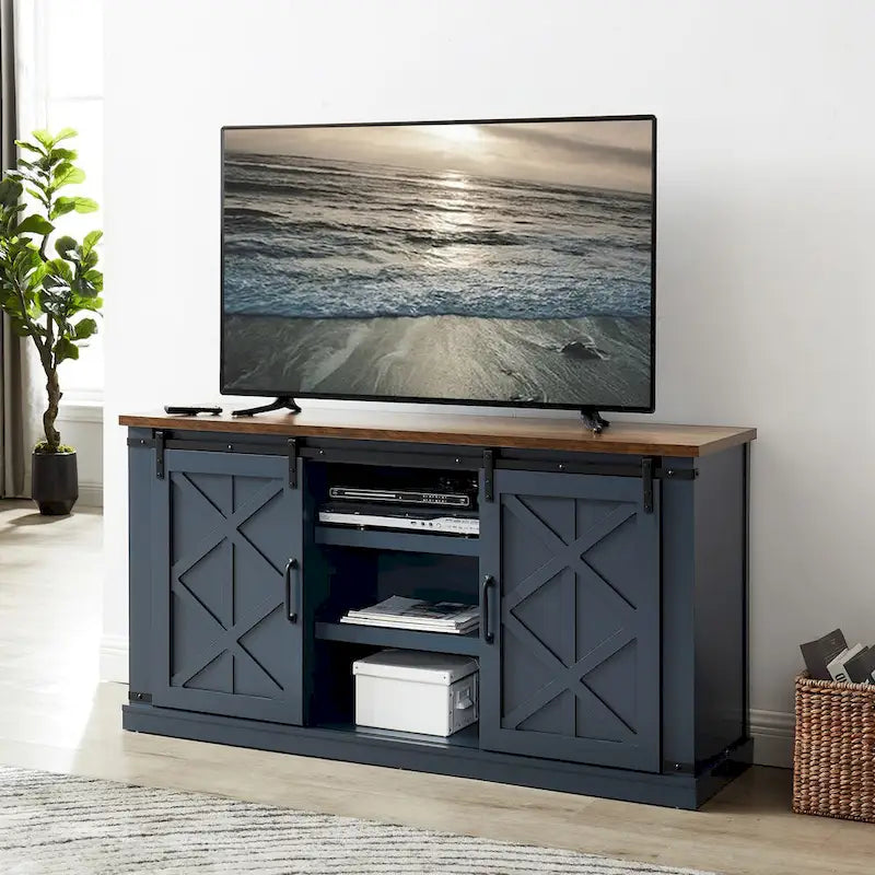 Meuble TV de 58 po de style rustique avec portes coulissantes – Convient aux téléviseurs jusqu'à 65 po – 58 po de largeur