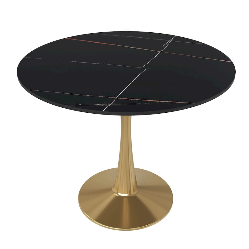 Table à manger ronde de 31 po avec plateau en pierre frittée et piètement en acier doré