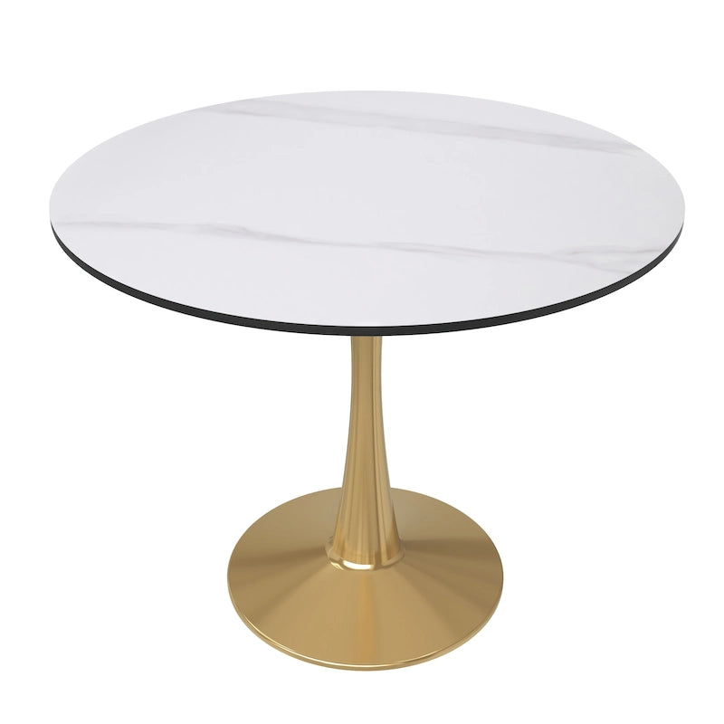 Table à manger ronde de 31 po avec plateau en pierre frittée et piètement en acier doré