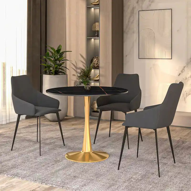 Table à manger ronde de 31 po avec plateau en pierre frittée et piètement en acier doré