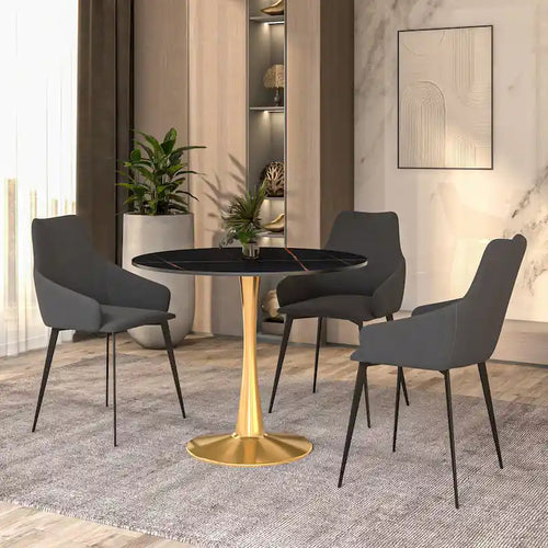 Table à manger ronde de 31 po avec plateau en pierre frittée et piètement en acier doré