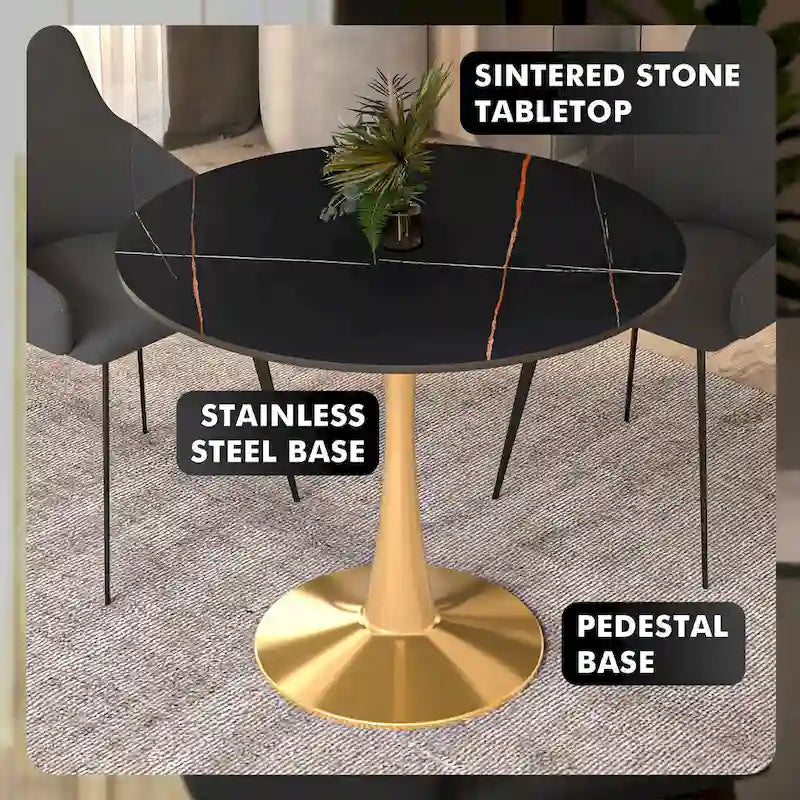 Table à manger ronde de 31 po avec plateau en pierre frittée et piètement en acier doré