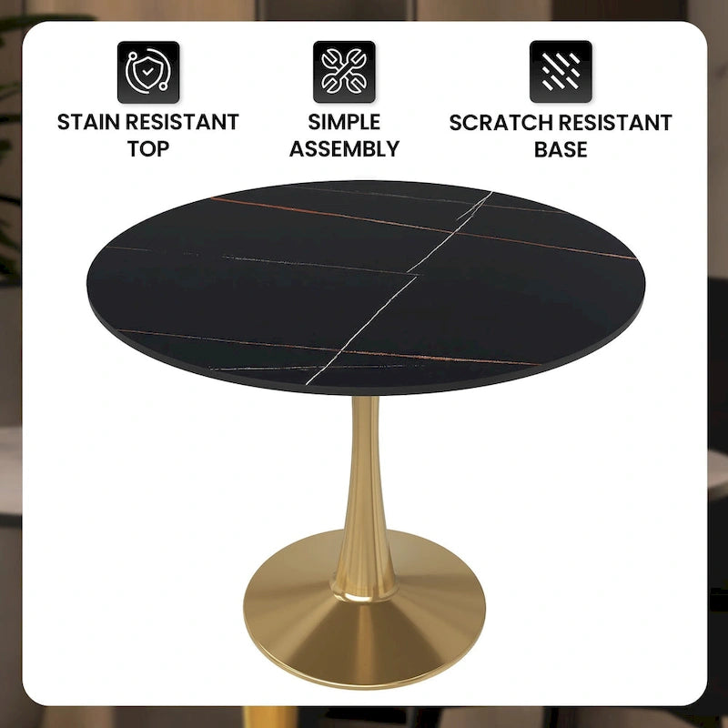 Table à manger ronde de 31 po avec plateau en pierre frittée et piètement en acier doré