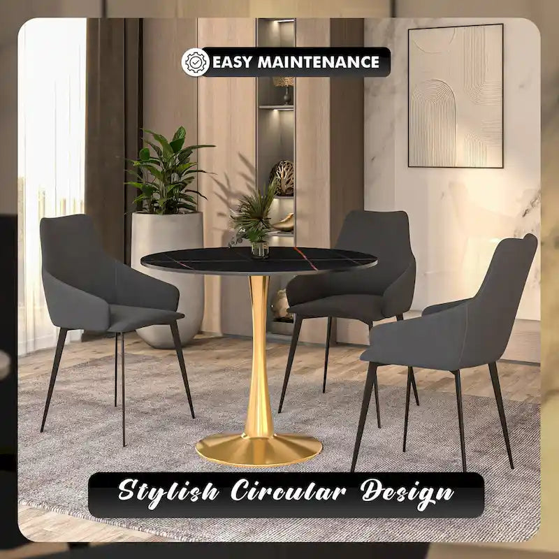 Table à manger ronde de 31 po avec plateau en pierre frittée et piètement en acier doré