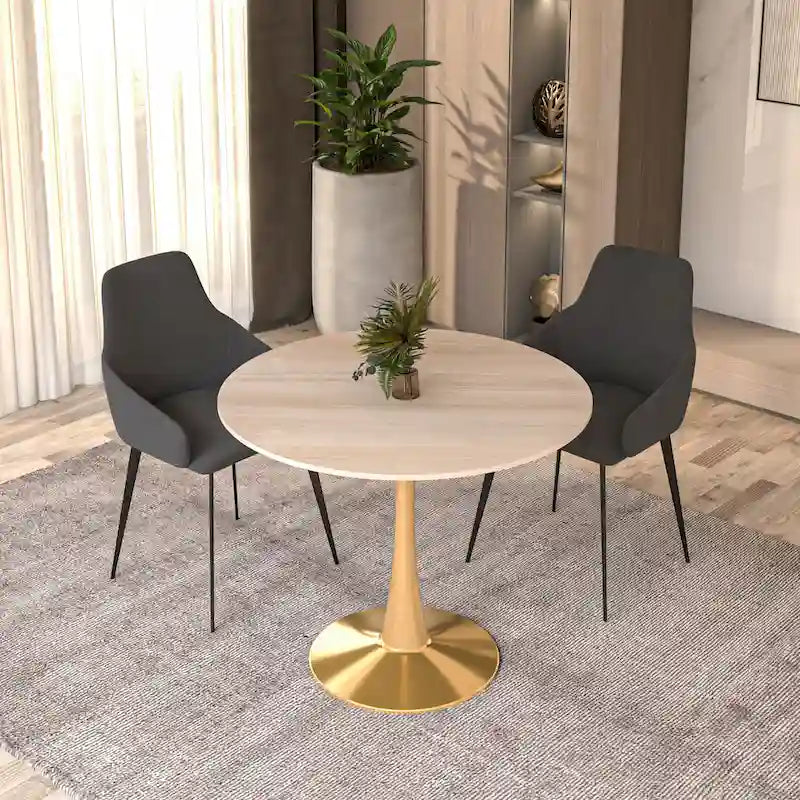 Table à manger ronde de 31 po avec plateau en pierre frittée et piètement en acier doré