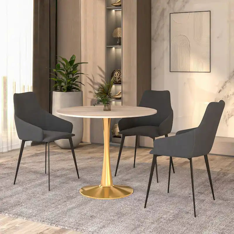 Table à manger ronde de 31 po avec plateau en pierre frittée et piètement en acier doré