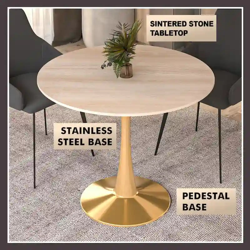 Table à manger ronde de 31 po avec plateau en pierre frittée et piètement en acier doré
