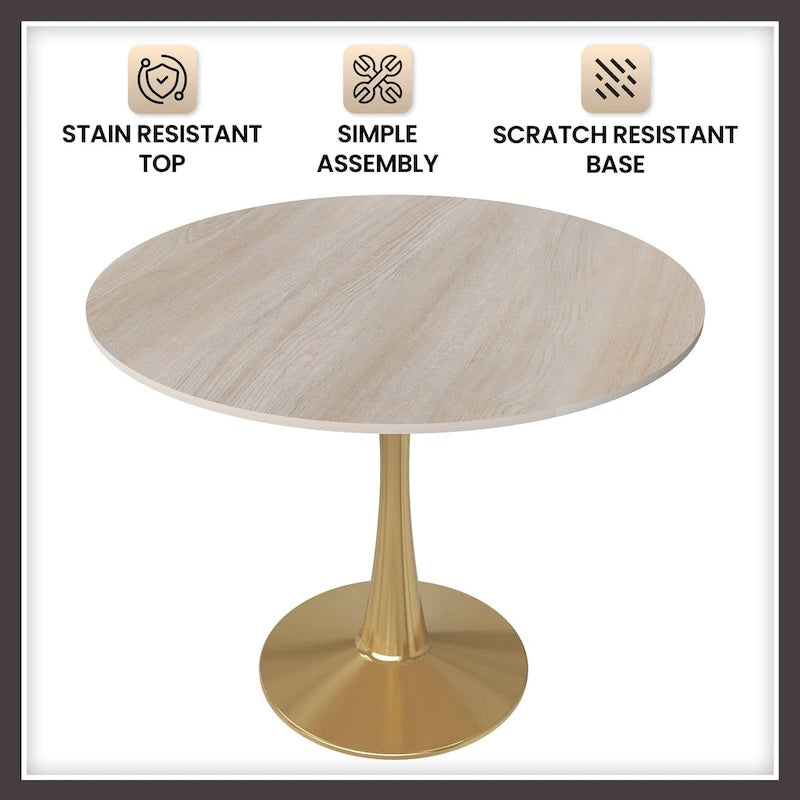 Table à manger ronde de 31 po avec plateau en pierre frittée et piètement en acier doré