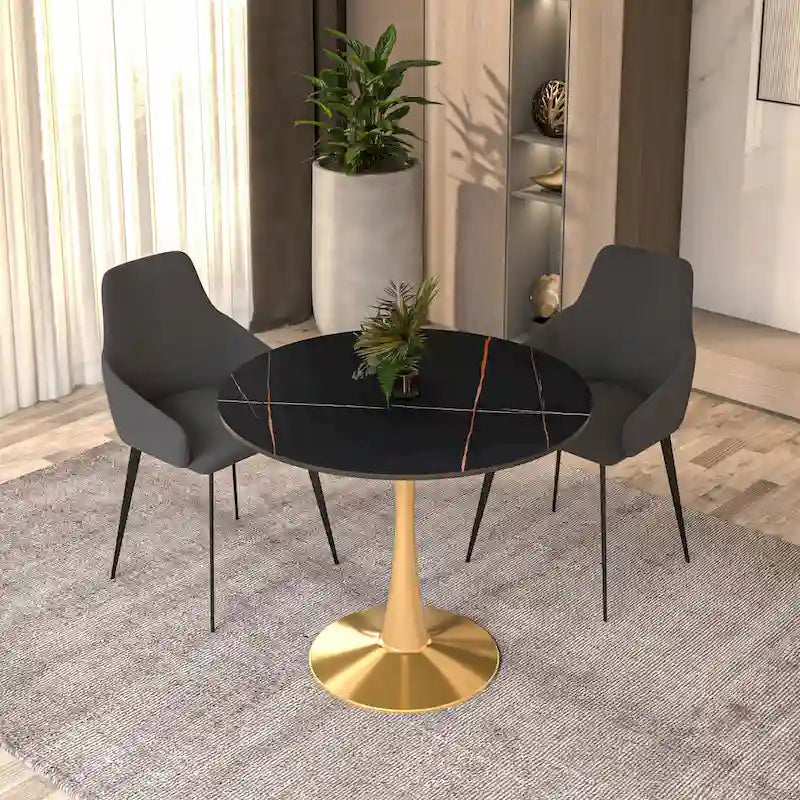 Table à manger ronde de 31 po avec plateau en pierre frittée et piètement en acier doré