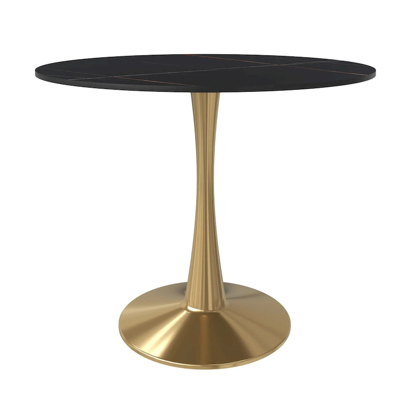 Table à manger ronde de 31 po avec plateau en pierre frittée et piètement en acier doré