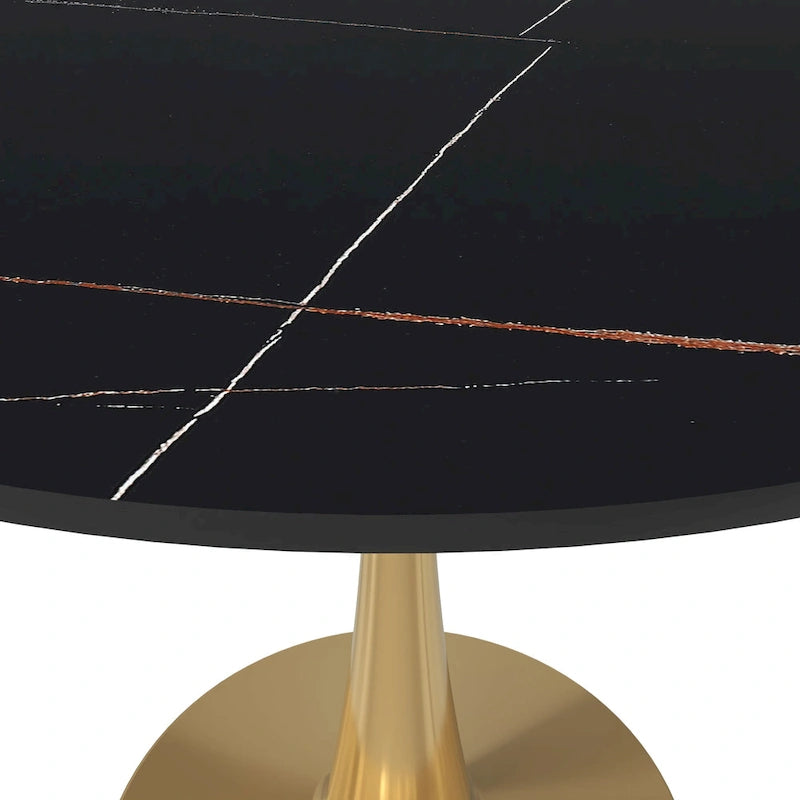 Table à manger ronde de 31 po avec plateau en pierre frittée et piètement en acier doré