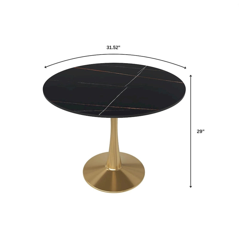 Table à manger ronde de 31 po avec plateau en pierre frittée et piètement en acier doré