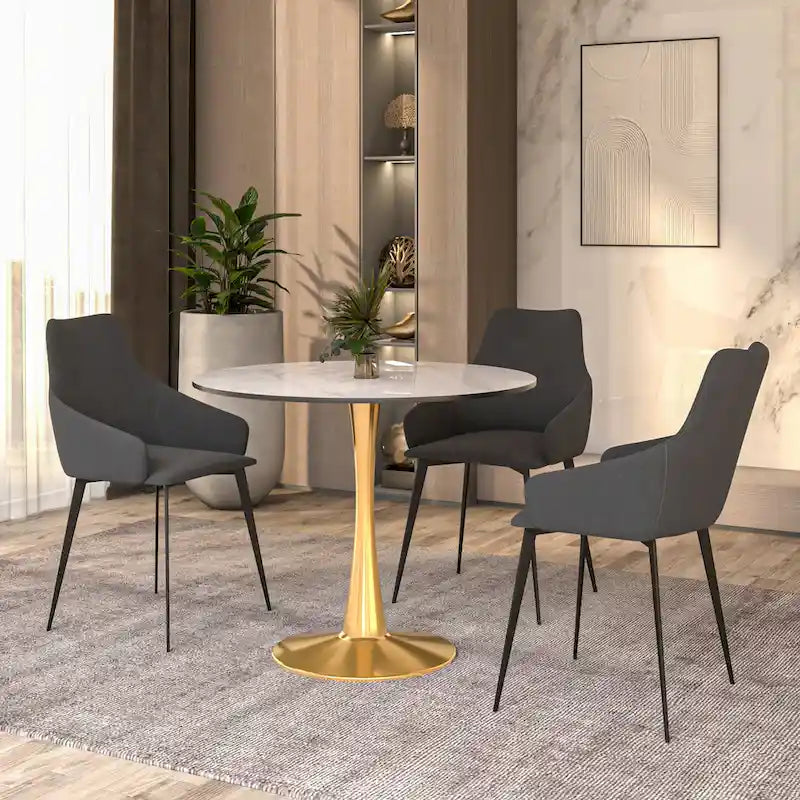 Table à manger ronde de 31 po avec plateau en pierre frittée et piètement en acier doré