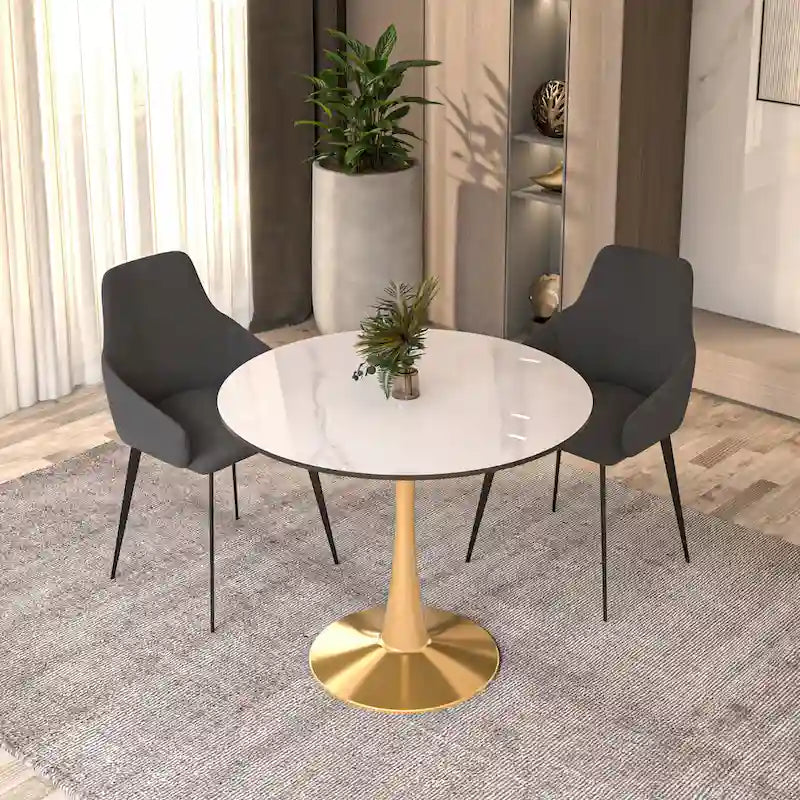 Table à manger ronde de 31 po avec plateau en pierre frittée et piètement en acier doré