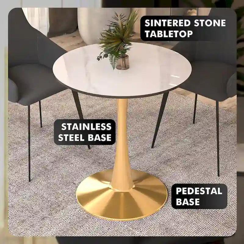 Table à manger ronde de 31 po avec plateau en pierre frittée et piètement en acier doré