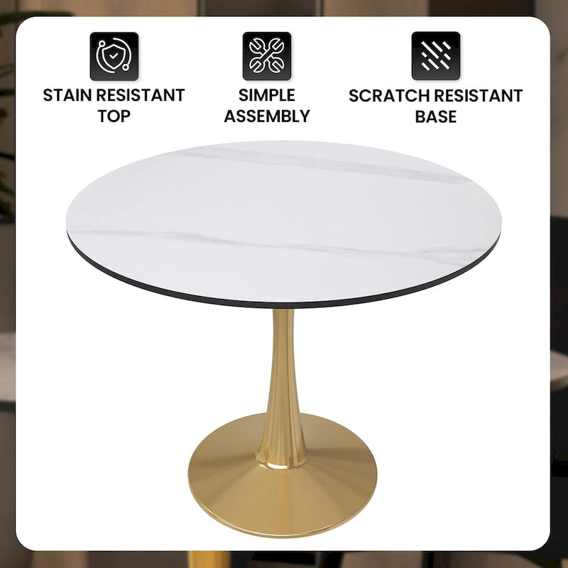 Table à manger ronde de 31 po avec plateau en pierre frittée et piètement en acier doré