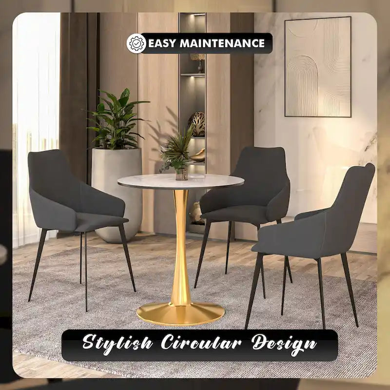 Table à manger ronde de 31 po avec plateau en pierre frittée et piètement en acier doré
