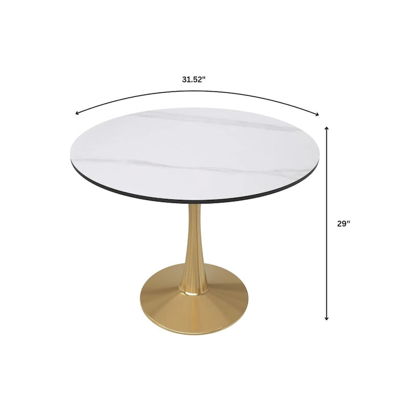 Table à manger ronde de 31 po avec plateau en pierre frittée et piètement en acier doré