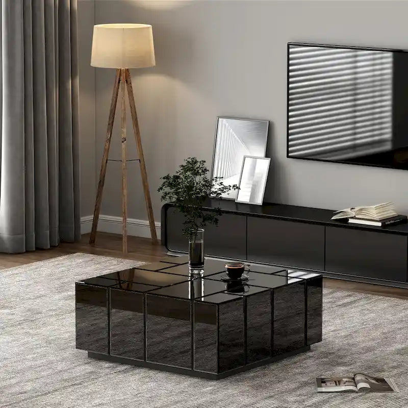 Table basse carrée moderne, table basse miroir centrale noire