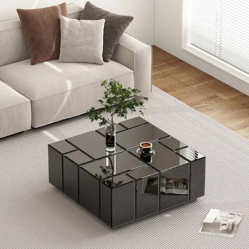 Table basse carrée moderne, table basse miroir centrale noire